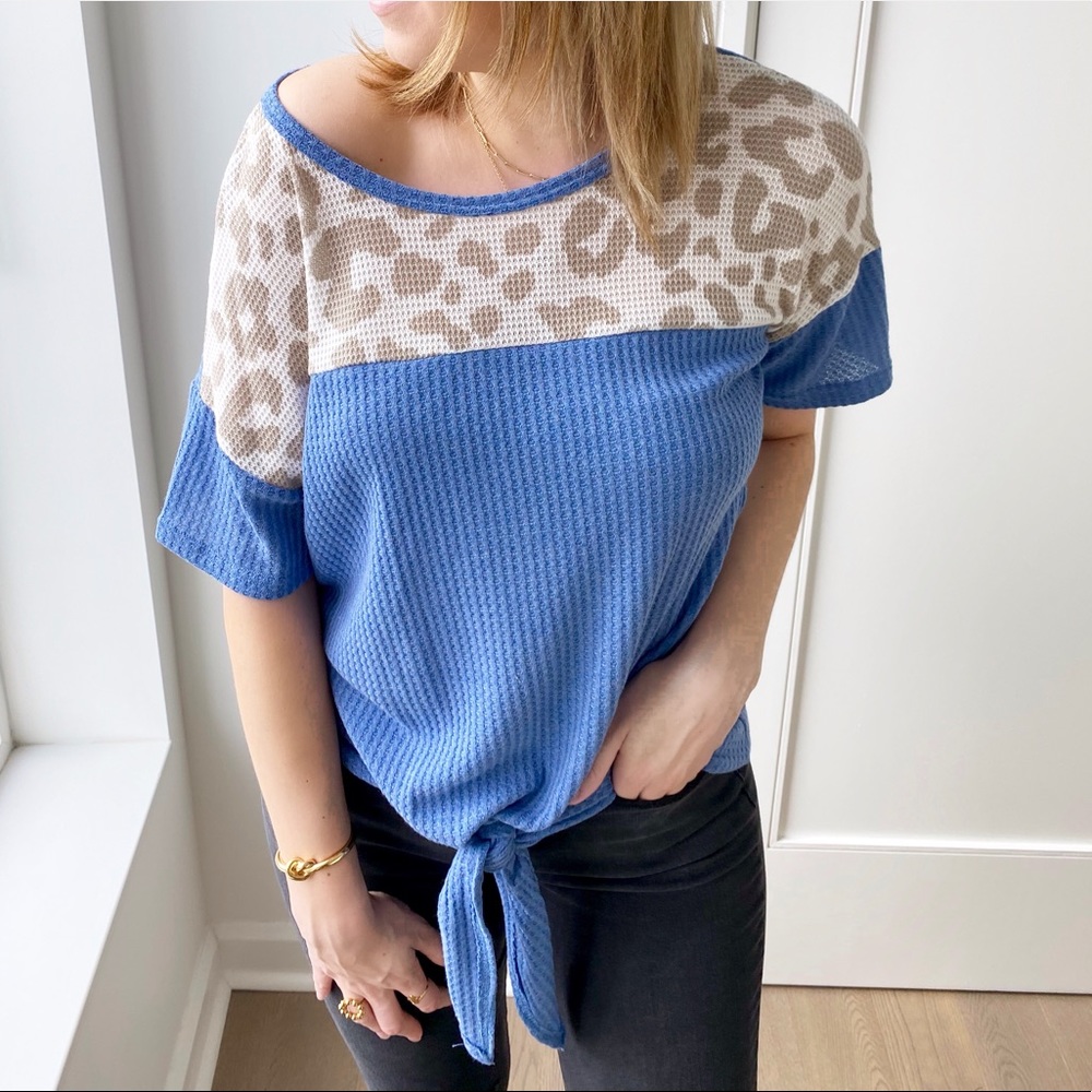 Contrast detail blue animal print top size small